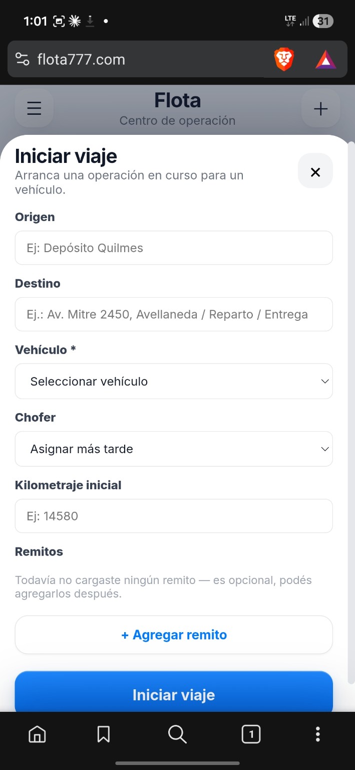 Creación de viaje en Flota